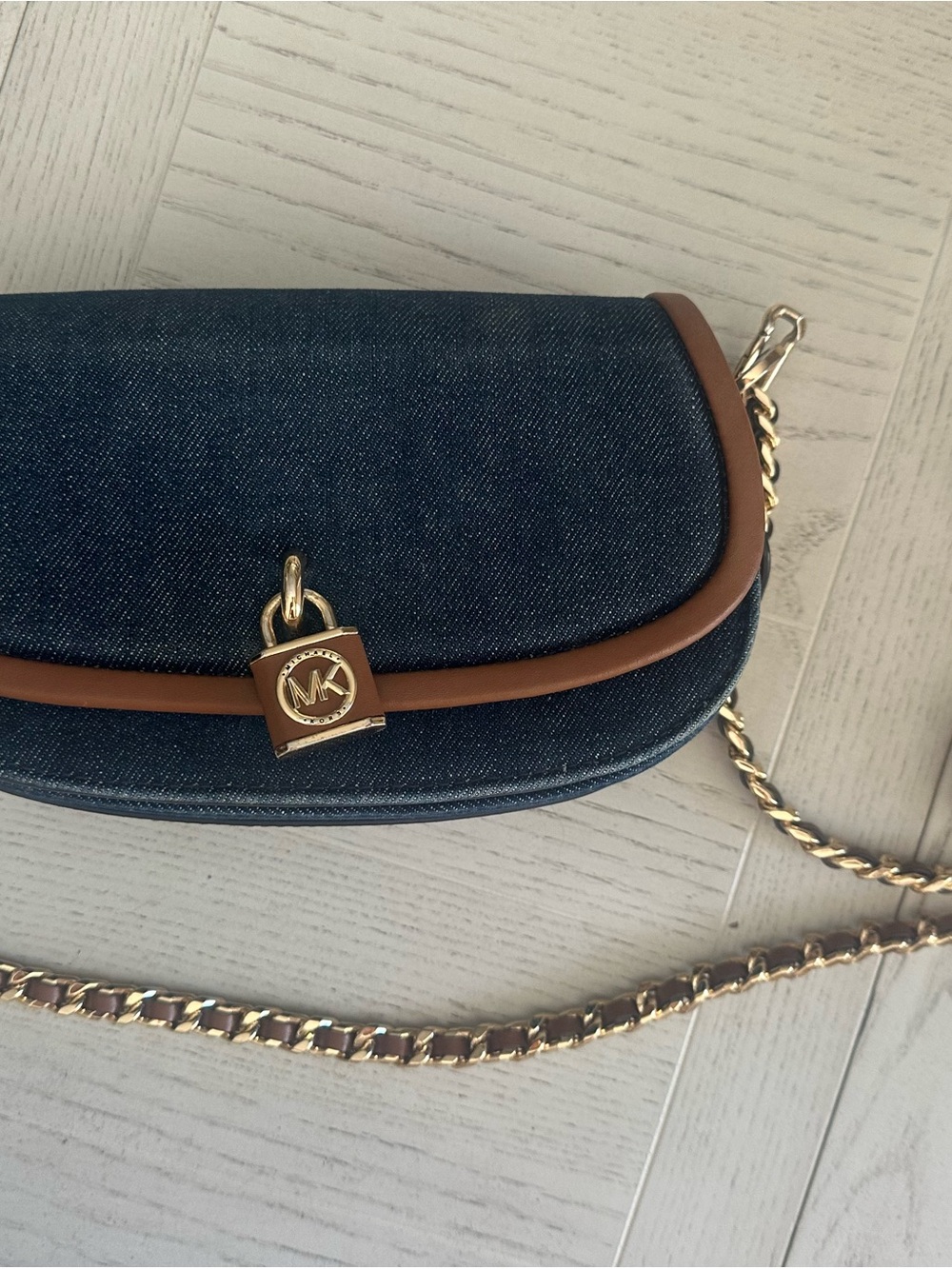 Michael Kors Navy Denim and Brown Leather-Trim Crossbody with Gold Chain - Picture 2 of 16